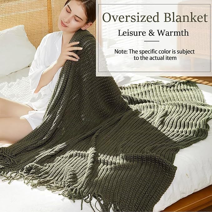Blagic Knitted Throw Blanket for Couch Soft Farmhouse Boho Throw Blanket with Tassels Home Decorative Lightweight Throw Blankets,Dark Green Throws for Bed/Chair/Sofa, Wheat Textured, 50" W x 60" L - color: B-dark Green, size: 50 × 60 in