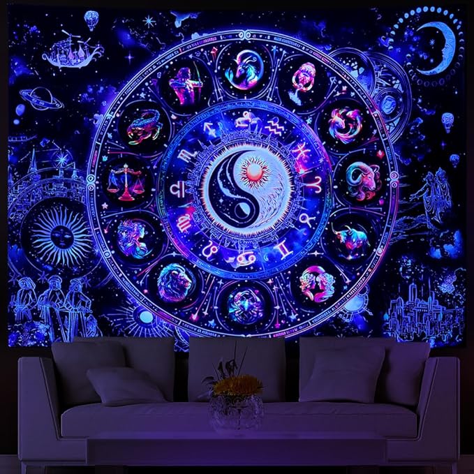 Lahasbja Blacklight Constellation Tapestry UV Reactive Sun and Moon Tapestries Spiritual Zodiac Astrology Wall Tapestries Galaxy Wall Decor Mystic Yin Yang Wall Hanging for Bedroom