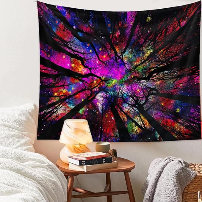 Blacklight Galaxy Forest Silhouette Tapestry for Bedroom Night Sky Ceiling Tapestry for Bedroom Decor Dark Forest Stars Tapestries Glow in the Dark Starry Night Tapestries UV Reactive Dorm Decor 36x48