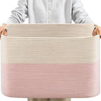 danpinera Large Woven Basket 25’’*16’’*16’’ Rectangle Woven Baskets for Storage, Storage for Living Room, Soft Cotton Rope Basket With Handle, Large Basket for Kids Dog Toys, 108L Pink+White