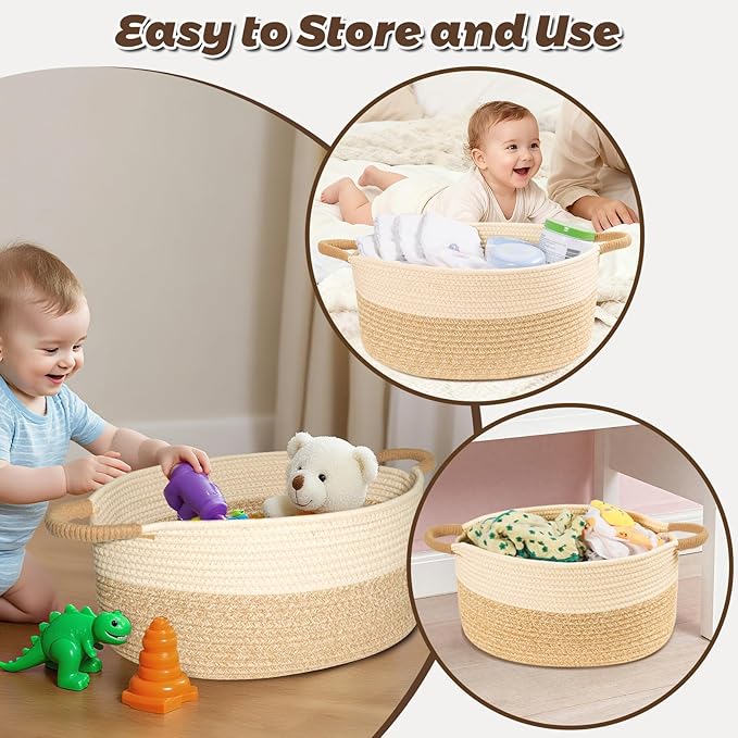 Woven Basket for Toys, Blankets & Gifts Empty ,Cotton Rope Storage Basket with Reinforced Handles for Nursery,Livingroom,Bedroom,Bathroom & Home Decor,17.72" x 9.45" x 7.09 (S)
