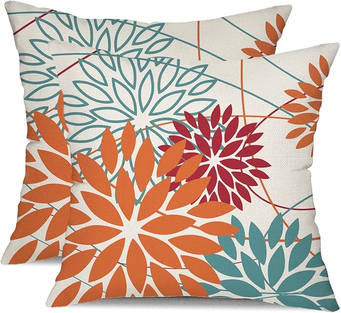 DFXSZ Orange and Red Floral Pillow Covers 16x16 Set of 2 Outdoor Waterproof Decorative Throw Pillows Fall Pillow Covers Polyester Cushion Case Decor for Couch Patio Funiture Garden Porch 01W16