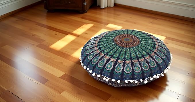 CRAFT KALA 22 Inch Meditation Floor Pillows Cover Round Pillow Seating Hippie Decorative Adults Bohemian Mandala Circle Floor Cushion Cover Outdoor Living Room Throw Ottoman Poufs Cover (Blue Mirchi)