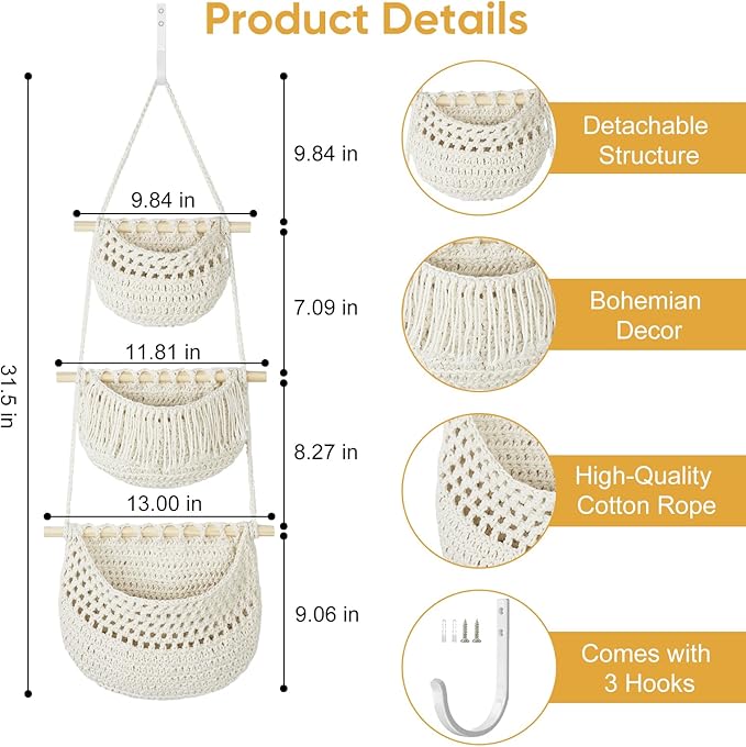 Boho Style Handwoven Rope Hanging Basket - 3-Tier Detachable Storage Organizer for Kitchen/Bathroom/Entryway, 3 Included Heavy-Duty Hooks, 7 Color Options Available (Gold)