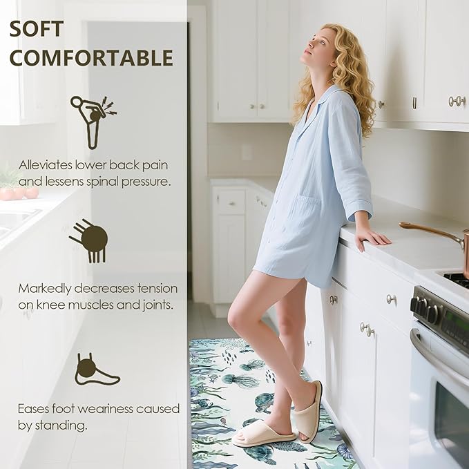 Sea Turtle Rugs for Kitchen Floor, Coastal Beach Anti Fatigue Mats for Kitchen Floor Non Slip, 2PCS Rubber Kitchen Mat, Washable Cushioned Carpet for Sink Laundry Christmas 15.7"×27.5" +15.7"×47"3.5mm