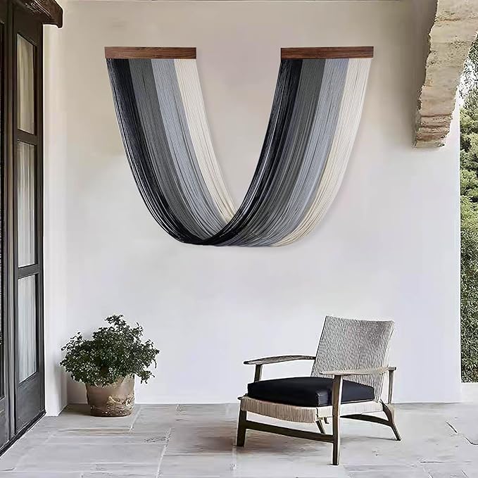 EOBTAIN Large Macrame Wall Hanging Black Grey Ombre Yarn Macrame Wall Decor Handmade Woven Tapestry Boho Wall Art for Bedroom Living Room Home Office Decorations, 15.7" W x 31.5" L