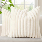 decorUhome Summer Cozy Faux Fur Throw Pillow Covers 22x22 Set of 2 Decorative Plush Striped Modern Farmhouse Boho Couch Euro Sham Pillow Cases with Velvet Back for Sofa Bed Living Room, Cream White