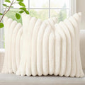 decorUhome Summer Cozy Faux Fur Throw Pillow Covers 24x24 Set of 2 Decorative Plush Striped Modern Farmhouse Boho Couch Euro Sham Pillow Cases with Velvet Back for Sofa Bed Living Room, Cream White
