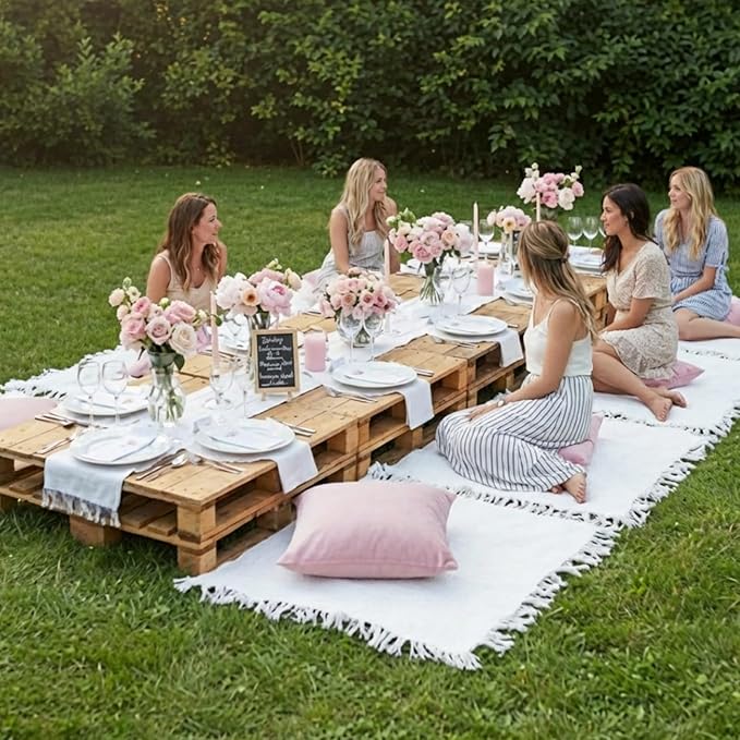 8 Pcs Outdoor Picnic Blanket 35"x35" Boho Blanket Woven Cotton Yarn Portable Mat Plaid with Fringe Washable for Picnic Party Camping Beach Travel Lawn Indoor Bohemia Decor (White)