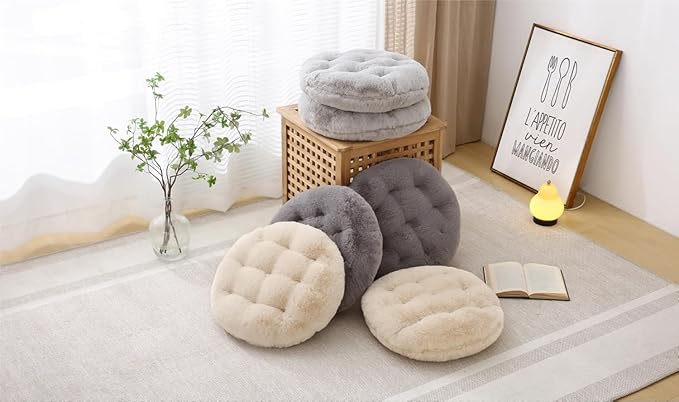 Large Floor Pillow Meditation Cushion Round Floor Cushions for Adults,Luxury Faux Fur Thick Floor Pillows for Sitting Put in Living Room Balcony Outdoor Tatami（Beige）