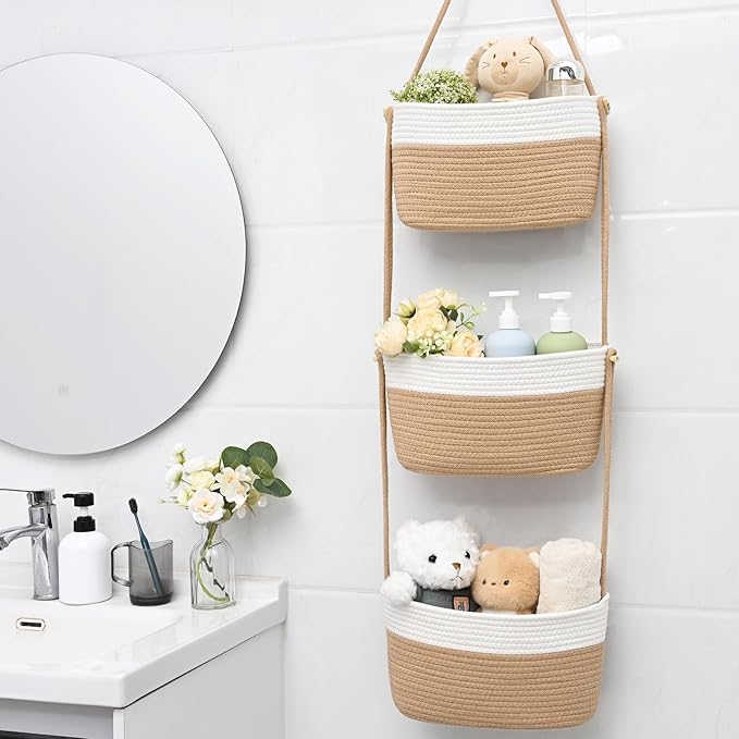 Hanging Basket, 3-Tier Wall Baskets, Over the Door Organizer with 4 Hooks, Hanging Baskets for Organizing, Woven Storage Basket Behind the Door for Nursery, Bedroom, Living Room, Kitchen