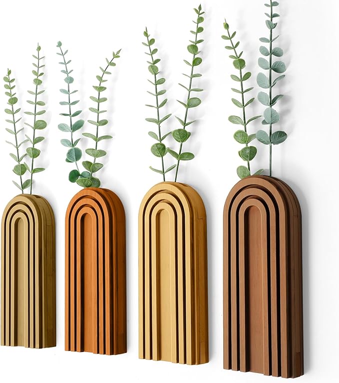 4 Pack Boho Wood Hanging Planters - Indoor Wall Decor Plant Holders for Modern Farmhouse Living Room Bedroom Rainbow Decor (Mixed Colors)