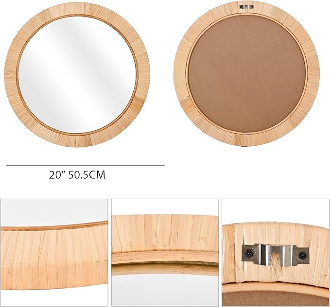 FUIN 20" Boho Round Rattan Mirror – Handwoven Wicker Wall Mirror for Nursery, Farmhouse & Coastal Décor