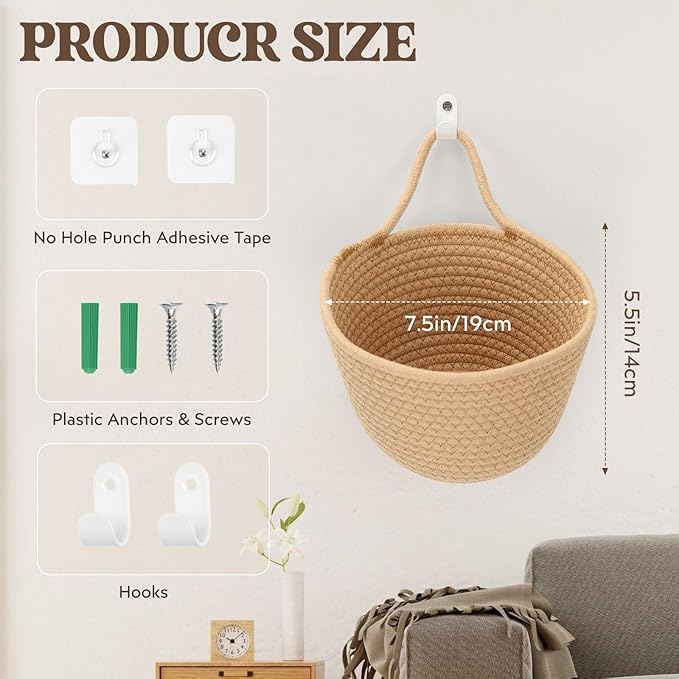 Boho Woven Wall Hanging Baskets - 2 Pack Fabric Storage Organizers with Adhesive Hooks, Rustic Jute Basket Set for Plants & Vegetables, Perfect for Living Room, Porch & Entryway Decor