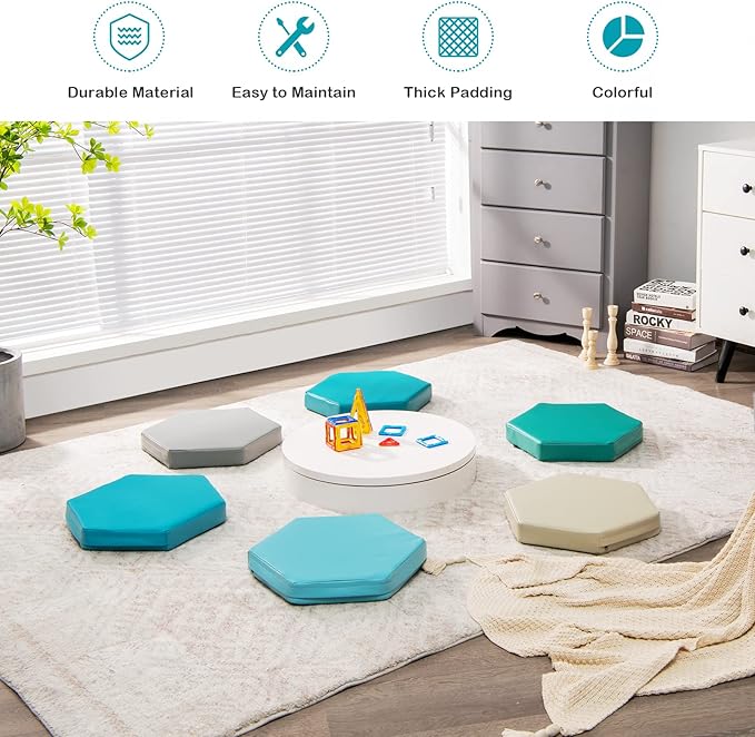 Costzon 6-Piece 15 inch Kids Floor Cushion, 2" Thick Waterproof Daycare Preschool Hexagon Foam Cushion with Handle for Toddlers, Soft Flexible Seating for Classroom, Home, Kindergarten or Nursery