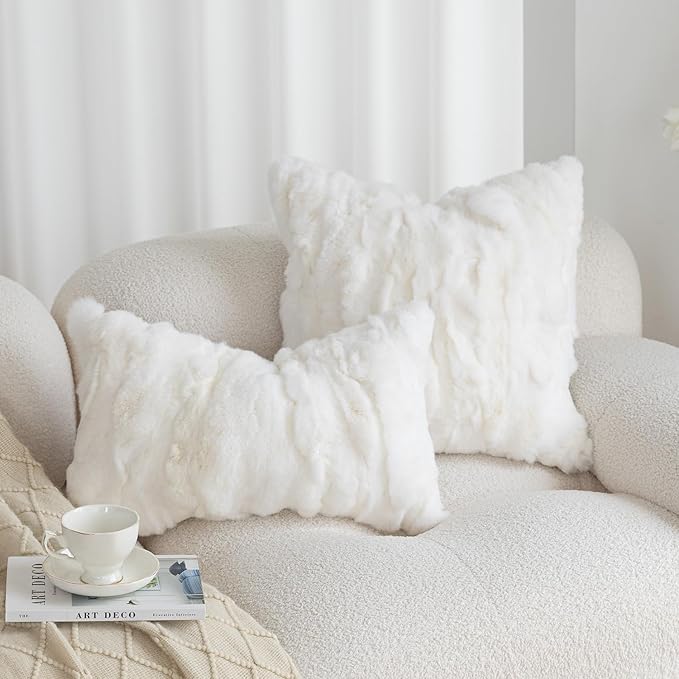MOOX Rabbit Fur Throw Pillow Covers Decorative Fluffy Soft Fuzzy Plush Luxury Genuine Animal Skin Lumbar Pillow 12"x20" Cushion Cover, Sofa, White