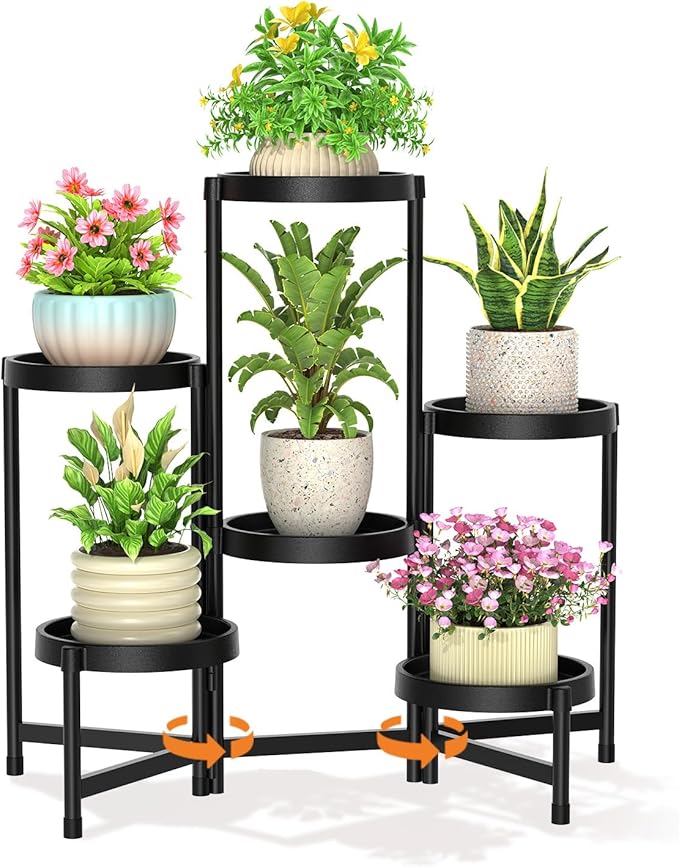 LASZOLA 6 Tiered Plant Stand Indoor Outdoor with Plastic Tray, Corner Folding Tall Flower Display Rack, Modern Plant Holder Shelf for Outdoor Patio Porch Garden Office Living Room, Black