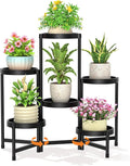 LASZOLA 6 Tiered Plant Stand Indoor Outdoor with Plastic Tray, Corner Folding Tall Flower Display Rack, Modern Plant Holder Shelf for Outdoor Patio Porch Garden Office Living Room, Black