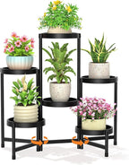 LASZOLA 6 Tiered Plant Stand Indoor Outdoor with Plastic Tray, Corner Folding Tall Flower Display Rack, Modern Plant Holder Shelf for Outdoor Patio Porch Garden Office Living Room, Black