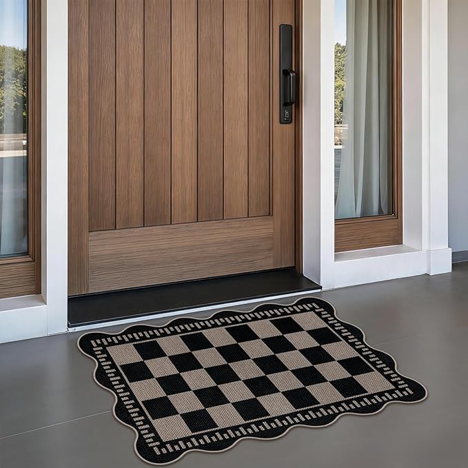 Checkered Easy Jute Entryway Rug, 2x3 Washable Non Slip Kitchen Rug, Indoor Outdoor Door Mat, Farmhouse Low Pile Floor Black Rugs for Porch Doorway