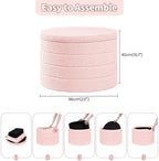 PINPLUS Ottoman with Storage, Foldable Round Ottoman Sherpa Stool with Tray, Boucle Foot Rest for Living Room, Bedroom, Dorm(Pink)