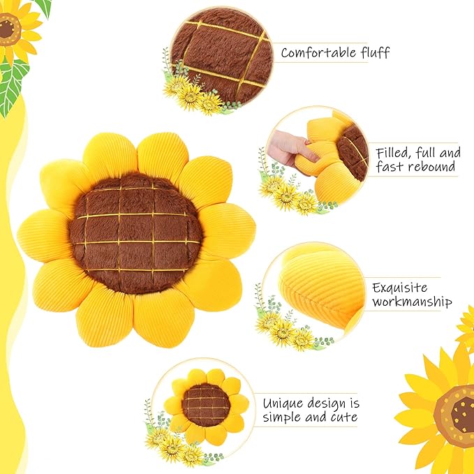 Coume 2 Pieces 3D Sunflower Flower Floor Pillow Seating Cushion Mat Sunflower Shaped Throw Pillow Yellow Chair Pads Decorative Plush for Bed Car Chair Sofa Office Gifts(19 Inch)
