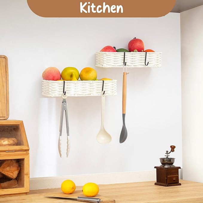 Hanging Wall Basket, Adhesive Wall-Mounted Organizer for Storage, Plastic Wicker Woven Storage Shelves for Kitchen, Bedroom, Bathroom, Livingroom, 2-Pack, Off White Color