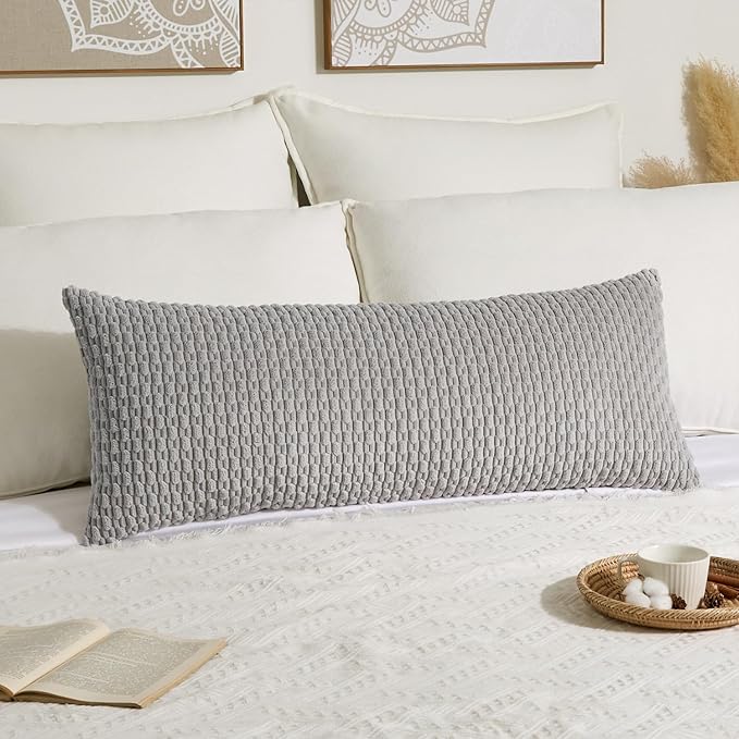 Kevin Textile 20x54 Inch Long Body Lumbar 1 Pack Boho Decorative Throw Pillow Cover Soft Striped Corduroy Rectangle Cushion Case Farmhouse Accent for Living Room Couch Sofa Bed, Light Grey