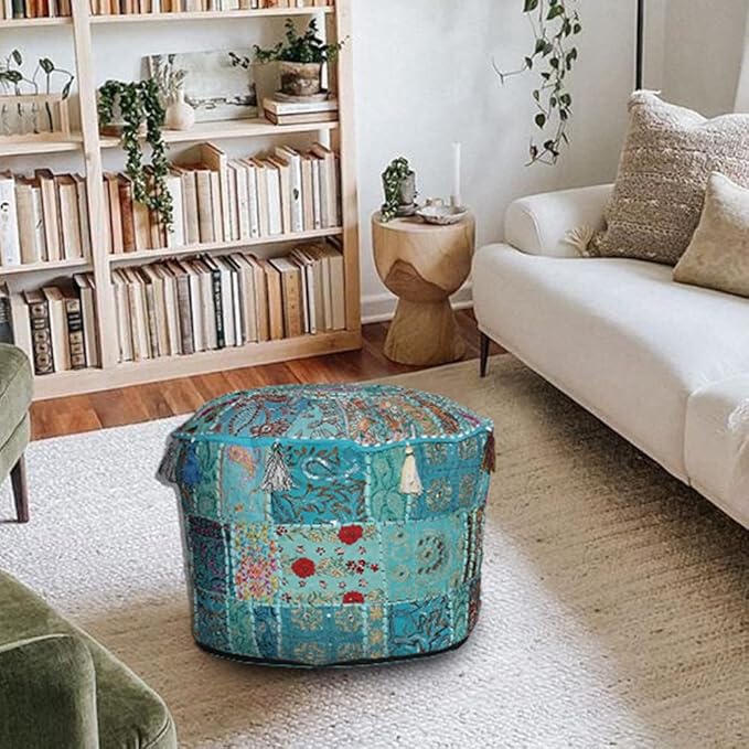 Aakriti Gallery Indian Pouf Footstool Ethnic Embroidered Pouf Cover, Indian Cotton Round Pouffe Ottoman - Cover Only (Turquoise, 22x14)