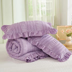 WONGS BEDDING Purple Comforter Set King,3 Pieces Ruffle Farmhouse Shabby Chic Comforter for King Bed,Soft Textured Boho Bedding Set with 1 Ruffle Comforter,2 Tufted Pillowcases 104"×90"