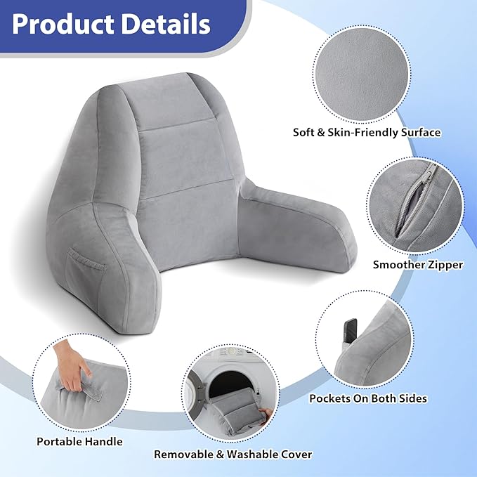 Reading Pillows for Sitting in Bed Adult, Back Pillow for Bed Sitting Up, Backrest Pillows with Shredded Foam for Adult&Teens, Support Pillow with Arms for Beds, Couch, Floor, 18in, Grey