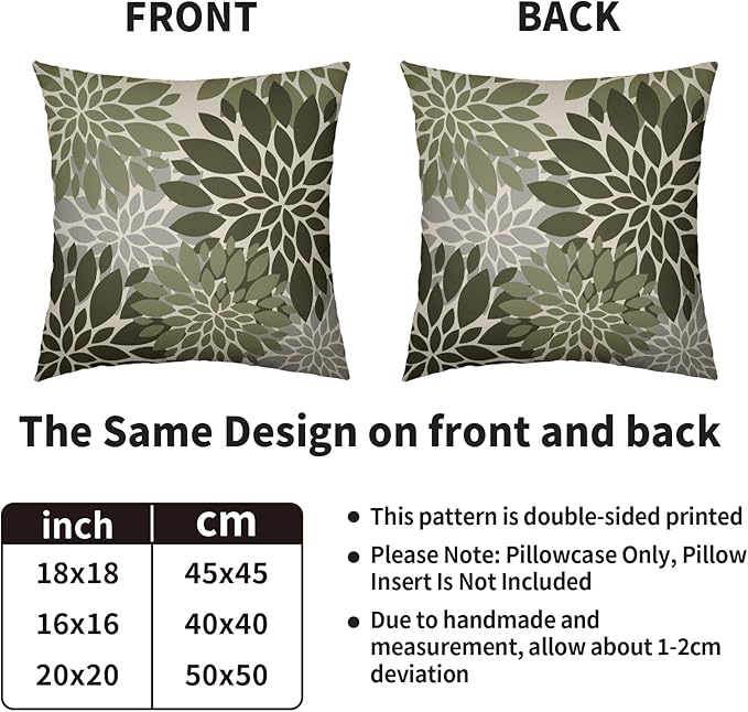 Olive Green Grey Gray Pillow Covers 16X16 Inch Set of 2, Dahlia Flower Spring Summer Floral Cream Decorative Throw Pillow Covers Outdoor Modern Farmhouse Cushion Case for Home Couch Sofa Bed Decor