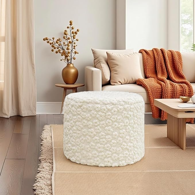 Ottoman Foot Rest Stuffed Round Boho Floor Poof Seating Armchair Ottoman Foot Stool Floor Cushion Bean Bag Pouf 18x18x14 Inch Cream White