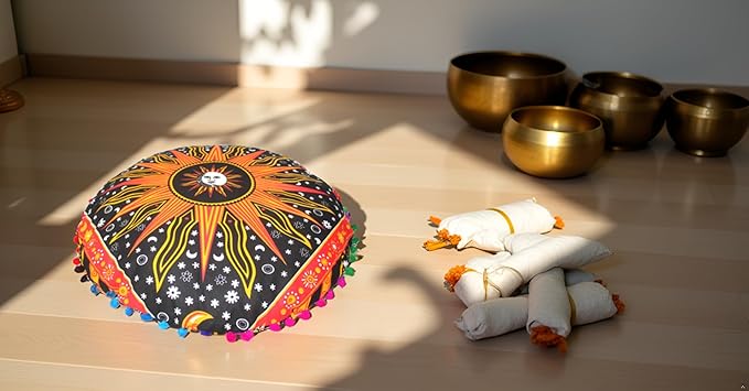 CRAFT KALA Large Round Bohemian Floor Pillow Pouf Cover Mandala Meditation Room Pillow Cover for Adults Boho Seating Poufs Cushion Cover for Kids Playroom 32" Round Orange Burning Sun