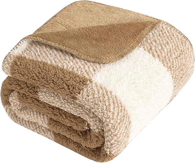 LURKA Checkered Sherpa Fleece Throw Blanket – Soft and Cozy, Medium Weight for All Season, Plush Throw for Couch, Bed, Dorm & Pets, Brown, 60x80 Inches