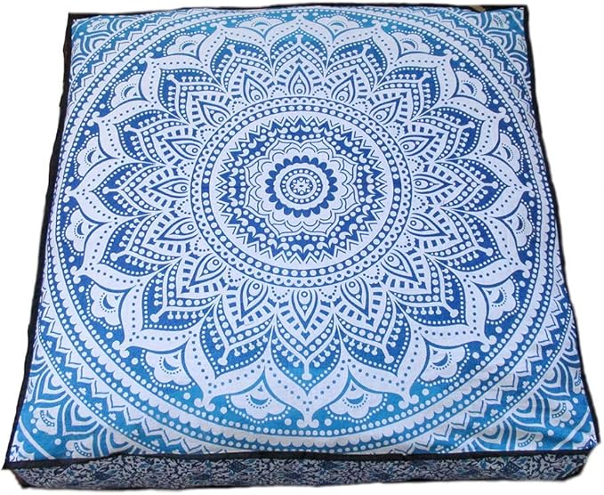 CRAFT KALA Mandala Floor Pillow Cushion Cover Seating Throw Cover Hippie Decorative Bohemian Ottoman Poufs Pom Pom Pillow Cases Boho Indian Cotton Living Room Yoga Home Décor (35" Square, Blue Ombre)