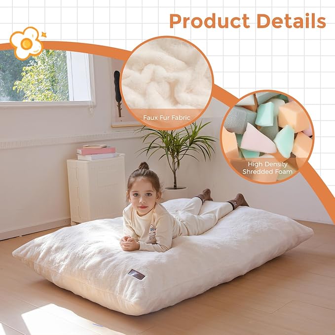 MAXYOYO 3 in 1 Kids Bean Bag Chair Bed, Child Floor Sofa for Gaming, Reading, Faux Fur Floor Mattress with High-Density Foam Filling for Living Room Bedroom