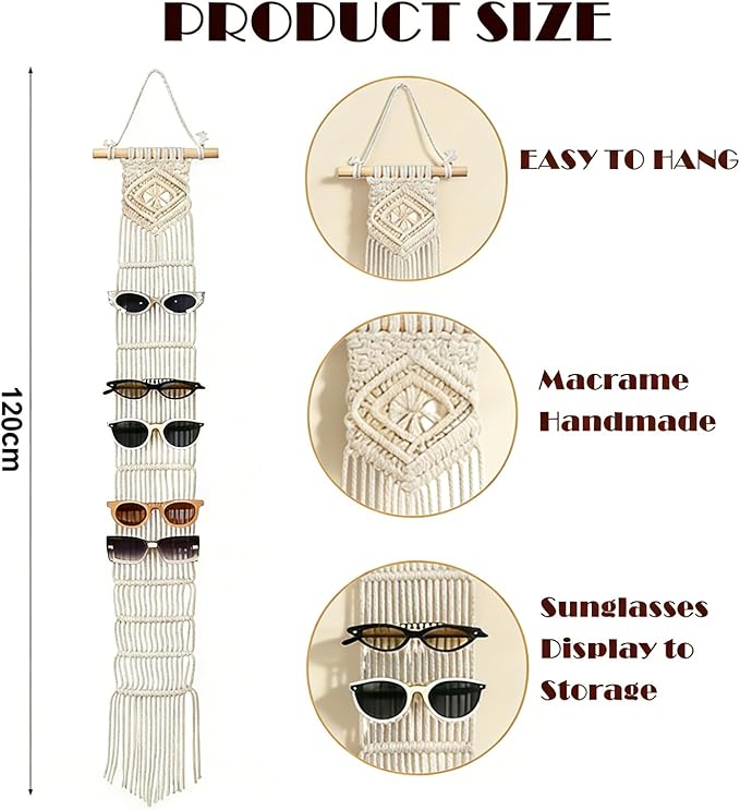 Macrame Sunglasses Holder Boho Wall Hanging Minimalist Eyewear Organizer Wall Sunglasses Rack