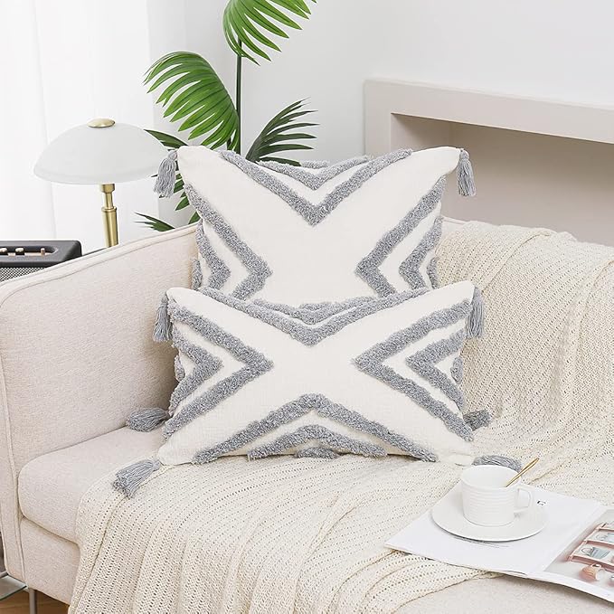 Boho Grey Throw Pillow Cover 18x18 Inch with Tassels, Gray Geometric Tufted Decorative Cream Chenille Fabric Accent Textured Cushion Case for Bed Couch, 1 PC Cover Only No Insert