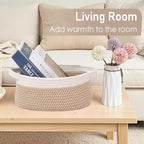 Woven Basket,Small Rope Storage Bin with Handles & Ribbon Bag, Organizer for Shelves Closets,Gift Basket Empty for Birthday,Books,Dog Toys, White&Brown Block