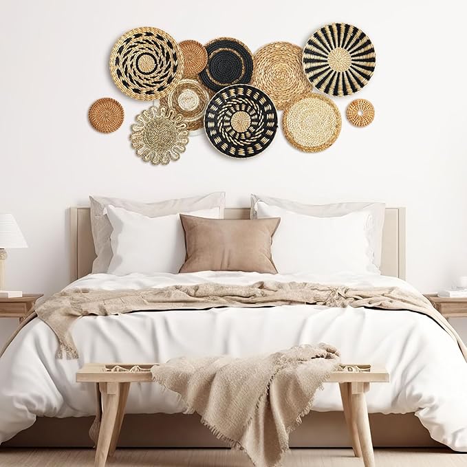 11 Pcs Boho Hanging Wall Basket Decor Handmade Woven Basket Wall Decorative Boho Wicker Baskets Placemats Round Farmhouse Bulrush Art for Rustic Home Decorations Christmas Gift(Assorted)