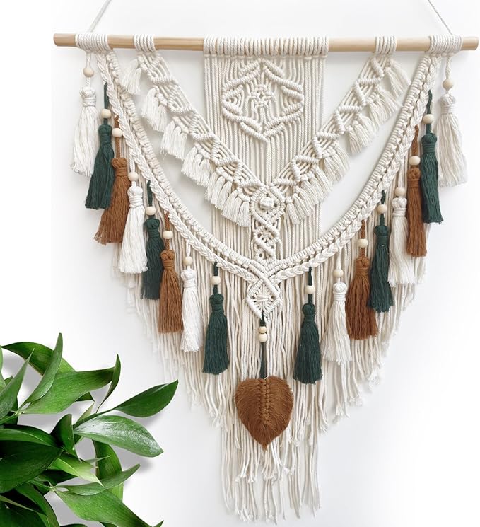 lokeisna Macrame Wall Hanging, Woven Tapestry Beige & Dusty Rose Handmade Craft Macrame Wall Decor, Gallery & Nursery, Size 37.4” Lx27.5” W Brown Green