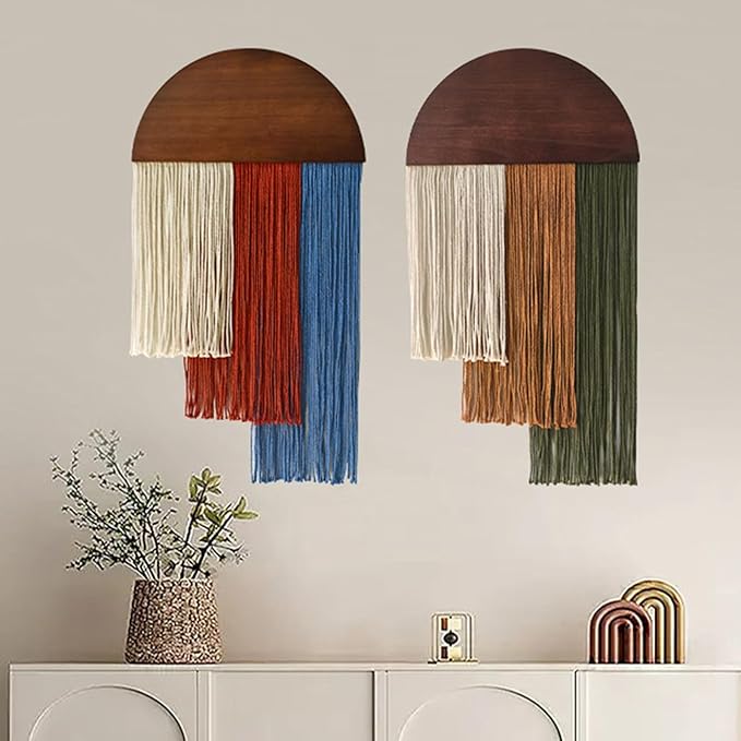HISBO 2 Pcs Boho Macrame Wall Hanging, Tie-Dye Tapestry, Three-color woven tapestry, Modern Chic Wall Decor, for Apartment Dorm Living Room Bedroom Nursery Backdrop 17.7" W X 29.5" L, Blue and Green