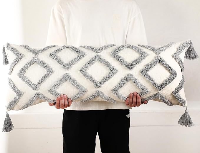 PANOD Decorative Long Lumbar Pillow Cover 14x40 Boho,Super Soft Chenille Extra Long Lumbar Pillow Case Cover with Tassel for Bed Sofa Couch Farmhouse Livingroom,Grey,Modern Skinny