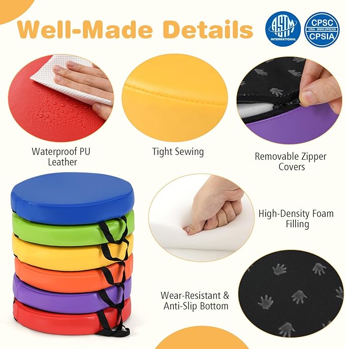 HONEY JOY 6PCS Floor Cushions for Kids, 14" Length Flexible Alternative Portable Classroom Seating with Handles, Easy to Clean, Thick Soft Foam Comfy Round Seats for Daycare Preschool (Colorful)