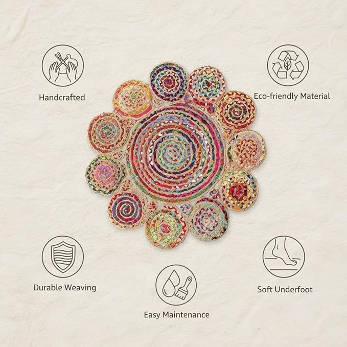 Jute Cotton Braided Boho Area Rug, 2' Round - Natural, Handmade, Hand Woven Farmhouse Reversible Rugs for Living Room, Kitchen, Bedroom, Hallway, Entryway - 2 Feet Round Multicolor