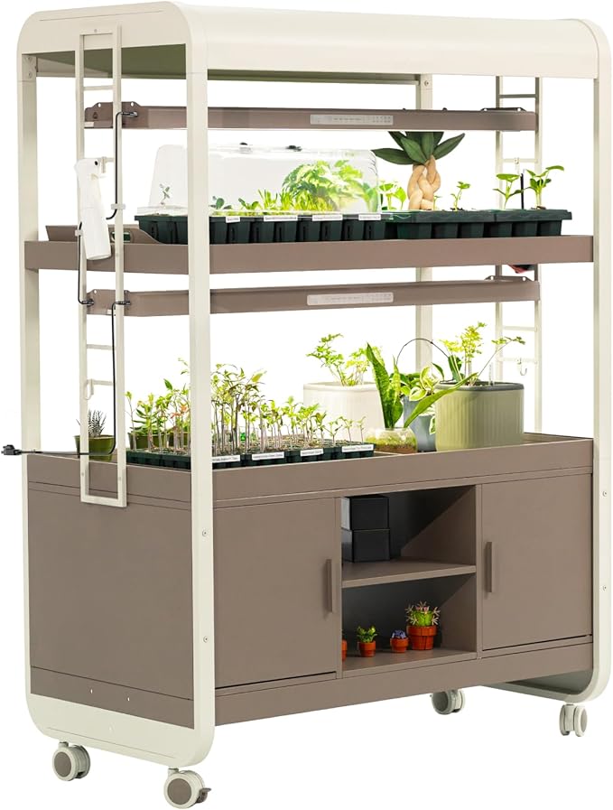 Vego garden 3 Tier Rolling Metal Corner Plant Stand Indoor with 2 Ultimate Grow Light, Powerful 60 W Full-Spectrum LEDs, with Storage Plant Rack for Seed Starting, Leafy, Herbs, Pearl White