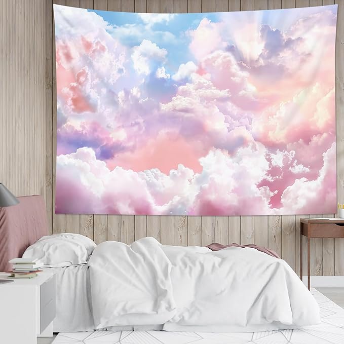 HVEST Pink Cloud Tapestry Blue Sky Abstract Cloud Pink Aesthetic Tapestry for Bedroom Living Room Cute Room Decoration for Women Girls Room Dorm Apartment, 80x60 Inches