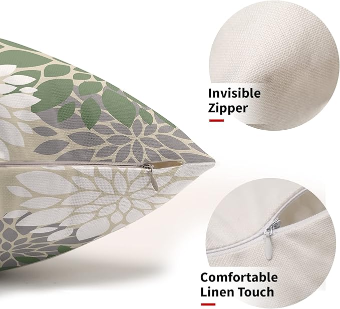 Sage Green White Grey Gray Pillow Covers 12X20 Inch Set of 2, Spring Modern Dahlia Floral Print Decorative Rectangle Throw Pillow Covers Outdoor Farmhouse Cushion Case for Couch Sofa Bed Decor