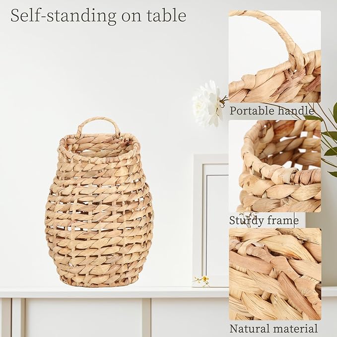 YRMT Water Hyacinth Woven Hanging Basket Wall Hanging Basket Decorative Front Door Basket Decor for Flower Plants Boho 15" x 10"